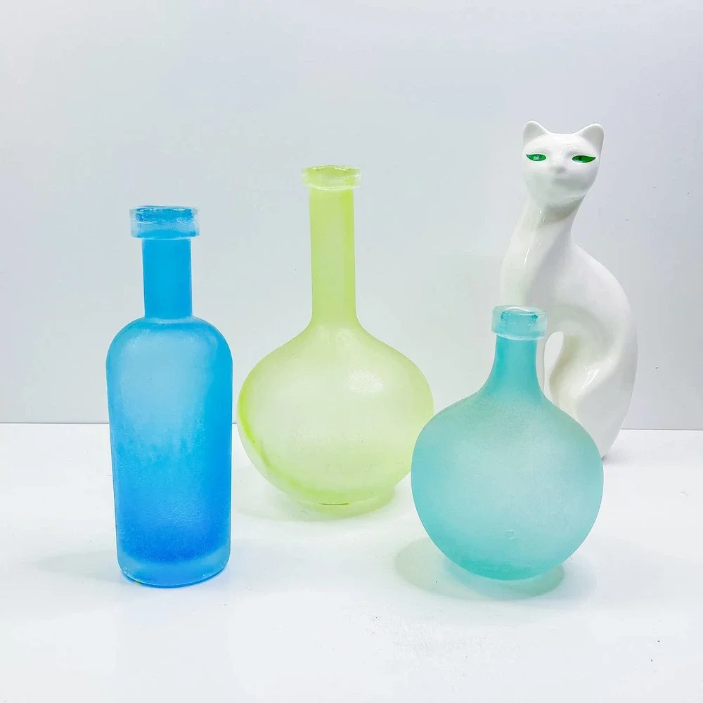 *(Note) West Elm Modern Decanters Set (3) no stopper decorative sea glass finish